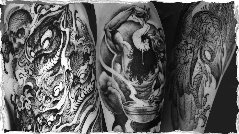 3 different tattoos in Blackwork style. Animal tattoo, skull tattoo, horror tattoo using only black ink.