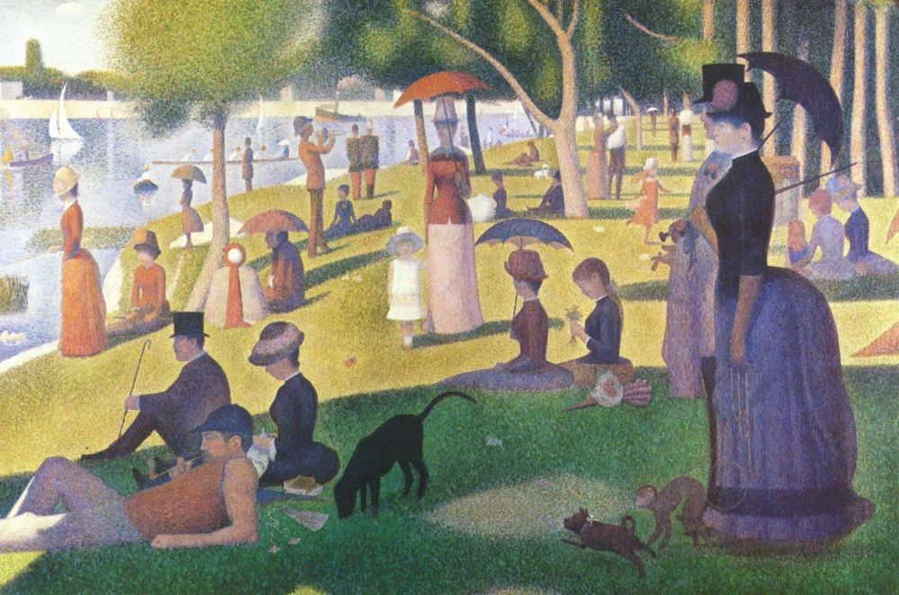 Pintura de Georges Surat mediante técnica puntillismo. Obra Tarde de Domingo en la Isla de la Grande Jatte