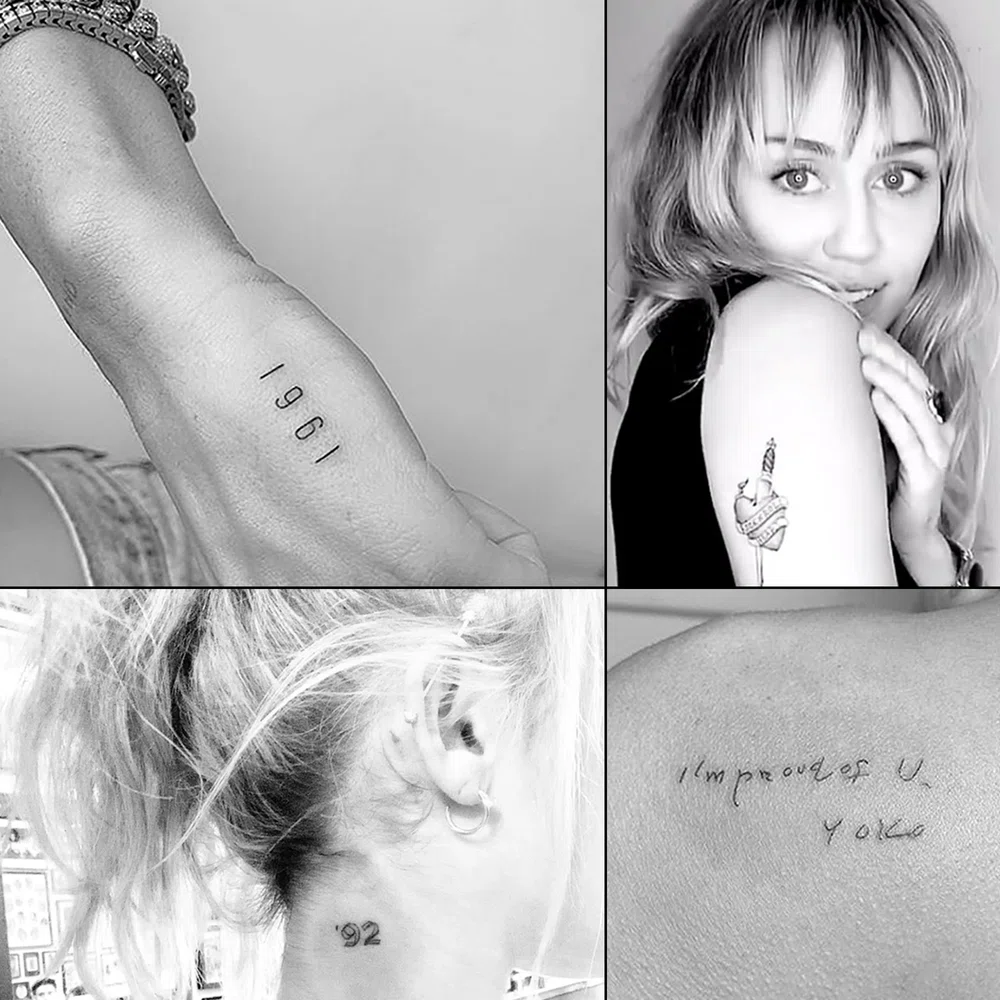 Miley-Cyrus 4 imágenes blanco y negro enseñando sus micro tattoo en rostro y cuerpo