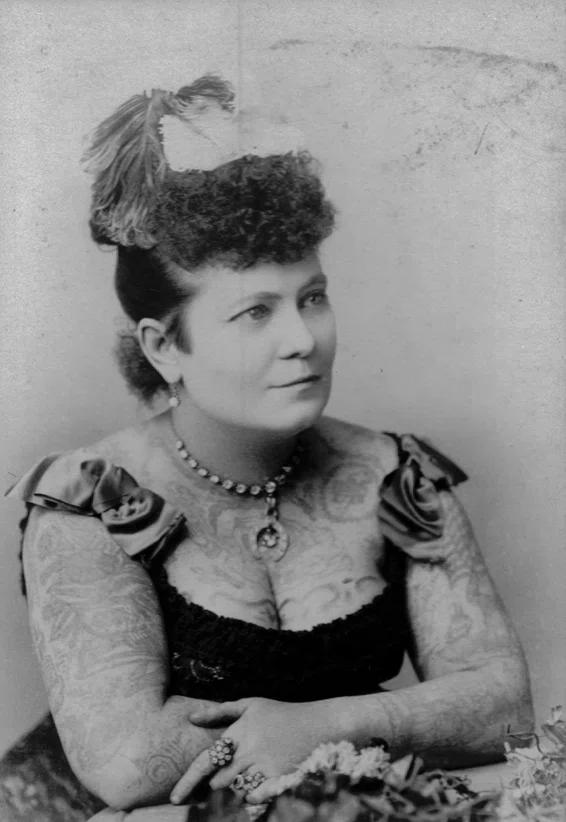 Portrait photograph of Nora Hildebrandt, forcibly tattooed