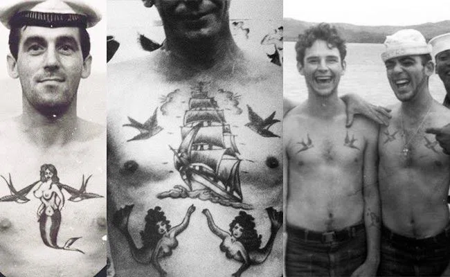 tríptico fotográfico, Imágenes en blanco y negro que muestran marineros con tatuejes de barcos, sirenas y golondrinas.