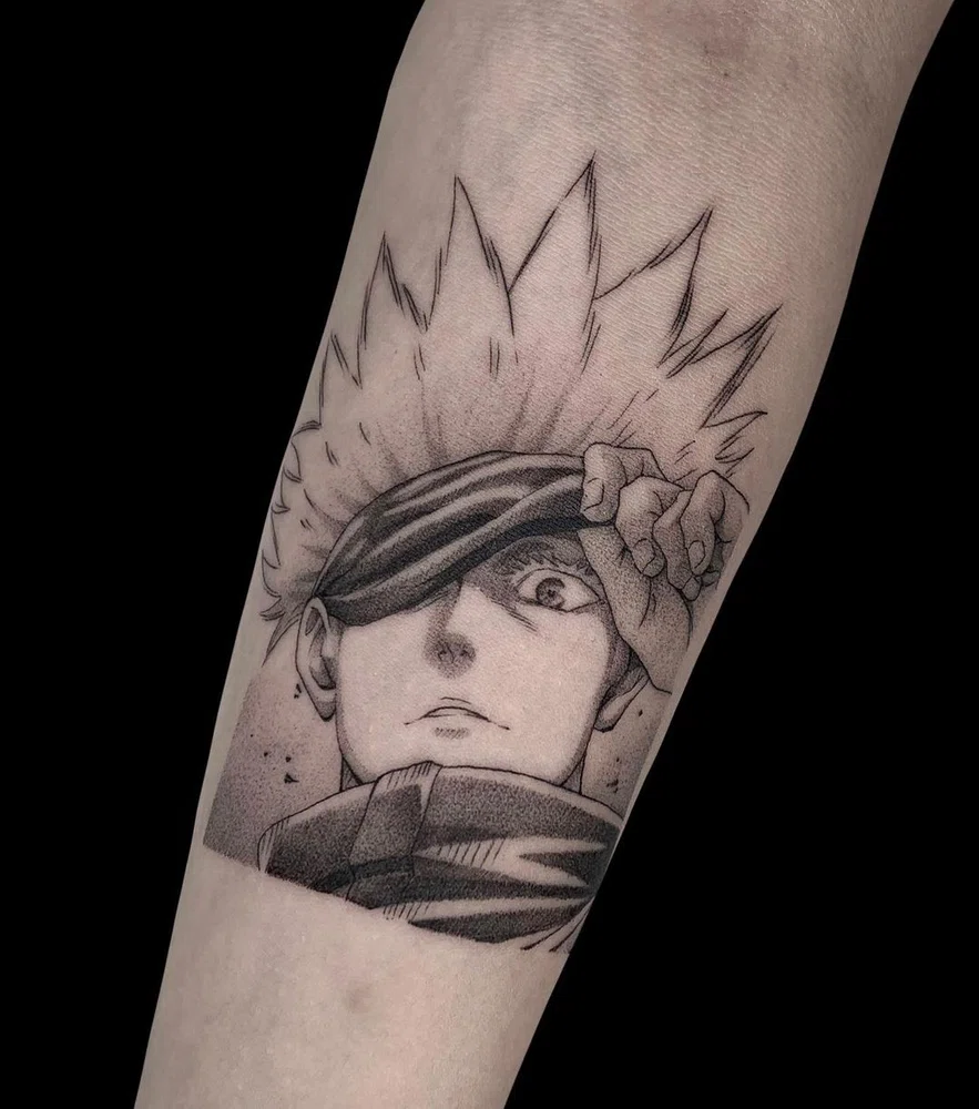 Black and white Satoru Gojo tattoo with 3RL needle by Monlix.