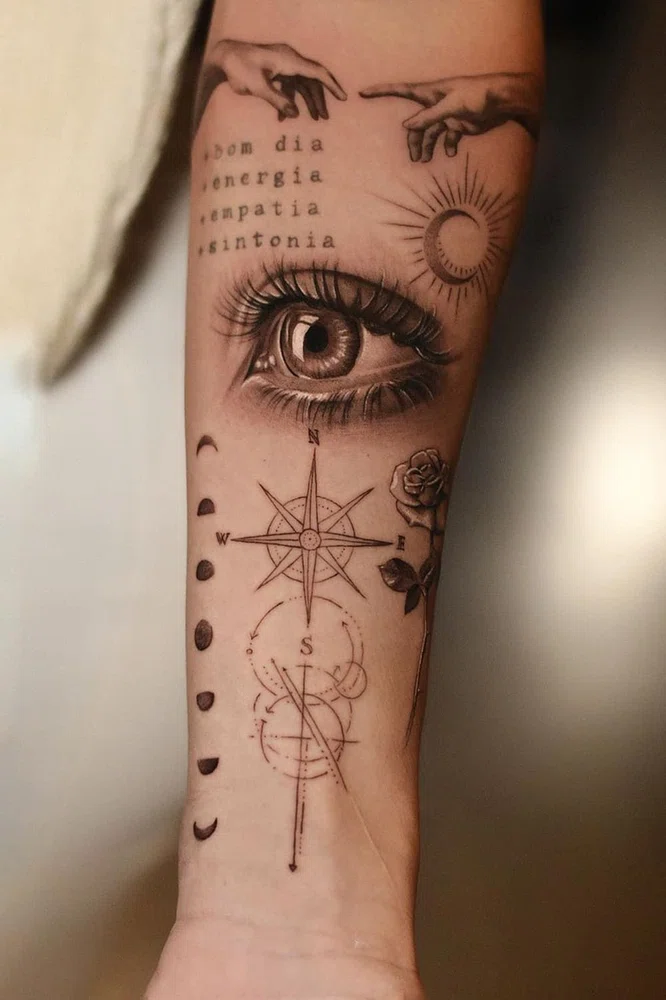 Tatuajes realistas. Brazo tatuado. Tatuaje de ojo realista