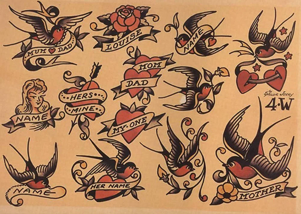 plantilla sobre papel de diferntes dibujos para tatuajes de estilo old school.